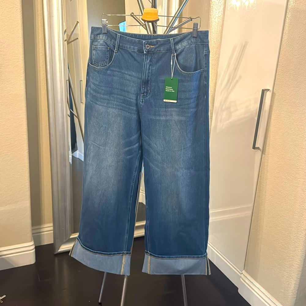 Halara Flex High Waist Cuffed Wide Leg Stretch Knit Blue Jeans Size XL